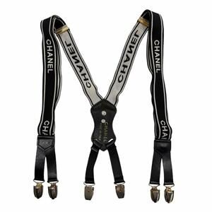 CHANEL Vintage Logo Coco Mark Hardware Leather Suspenders, Black, Made in Ita...